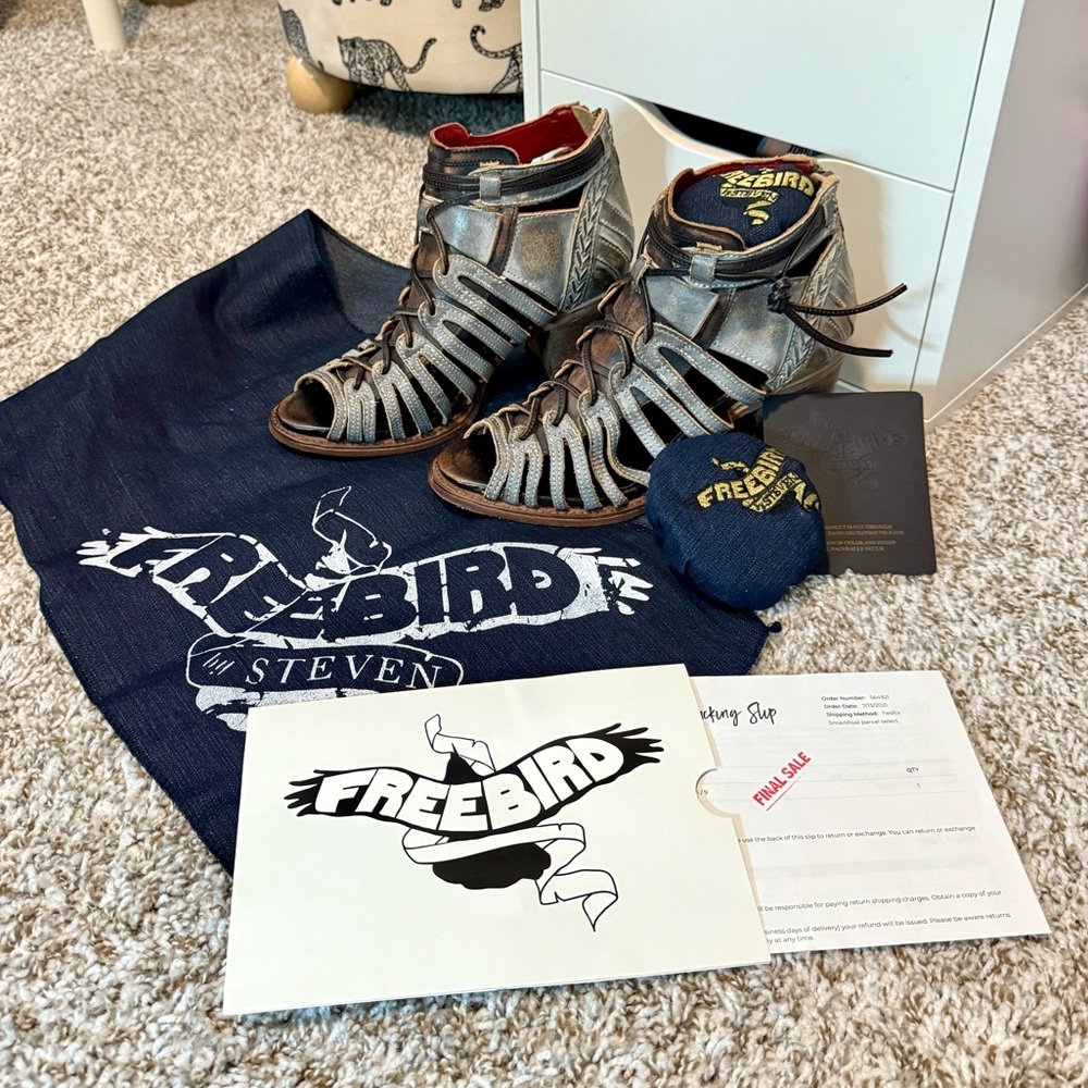 Freebird by Steven Metallic Silver Strappy Heeled Booties - Picture 2 of 13